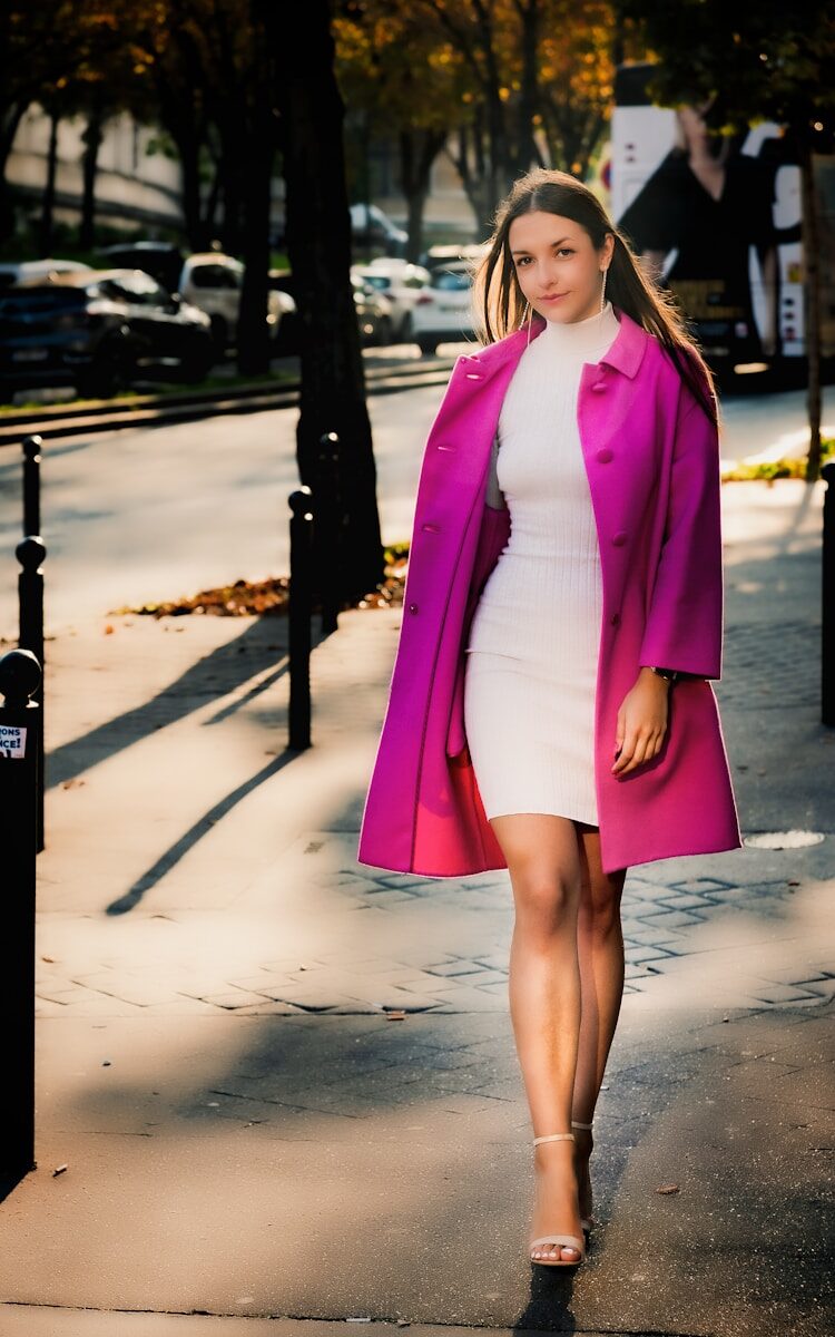 a woman in a white dress and a pink coat